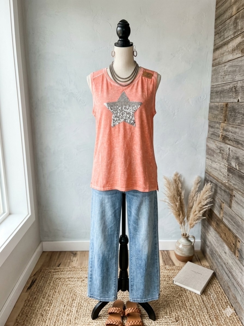 Peach Sequin Star Sleeveless Tank Top